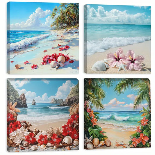 4pcs Ocean Waves With colorful Flowers Wall Art Canvas Framed