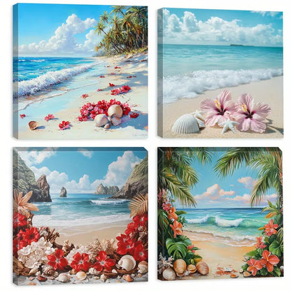 4pcsTropical Flowers Paintings, Beachscape Wall Art Canvas Framed