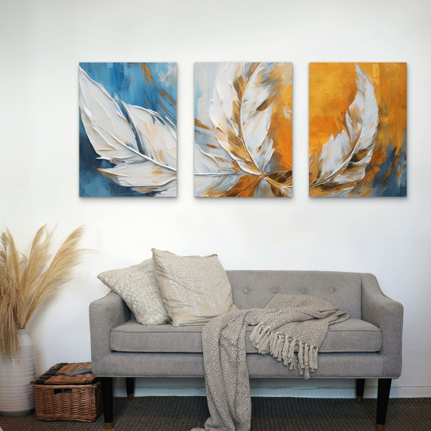3pcs Modern Abstract Blue Gold Feather  Wall Art Set Canvas Framed 60x90cm - High Quality Print 100% Australian Made Wall Canvas Ready to Hang