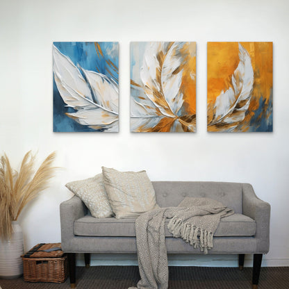 3pcs Modern Abstract Blue Gold Feather  Wall Art Set Canvas Framed 60x90cm - High Quality Print 100% Australian Made Wall Canvas Ready to Hang