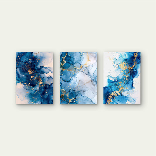 3pcs Abstract Blue Navy Alcohol Ink Fluid Wall Art Set Canvas Framed 40x60cm - High Quality Print 100% Australian Made Wall Canvas Ready to Hang