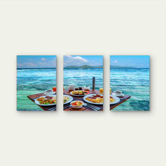 3pcs Luxury Breakfast Overlooking Pristine Ocean Metal Print Ready to Hang Art - Bella Home Decor