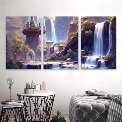 3pcs Fantasy Waterfall Forest Landscape Scene Wall Art Set Canvas Framed 40x60cm - High Quality Print 100% Australian Made Wall Canvas Ready to Hang