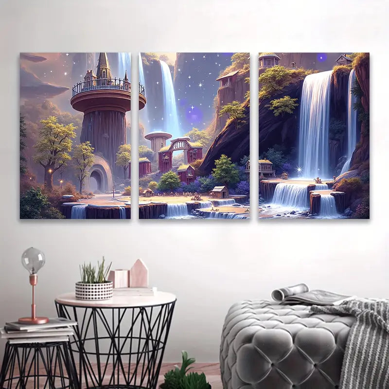 3pcs Fantasy Waterfall Forest Landscape Scene Wall Art Set Canvas Framed 50x70cm - High Quality Print 100% Australian Made Wall Canvas Ready to Hang