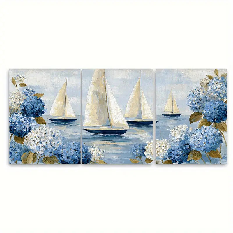 3pcs Coastal Sailboat Blue Hydrangea Nautical Wall Art Set Canvas Framed 50x70cm - High Quality Print 100% Australian Made Wall Canvas Ready to Hang - Bella Home Decor