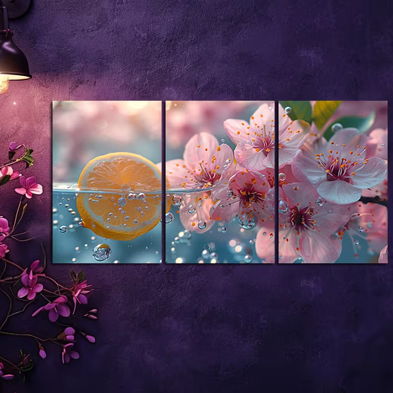3pcs lemon in water with Pink Florals Wall Art Set Canvas Framed 50x70cm - High Quality Print 100% Australian Made Wall Canvas Ready to Hang