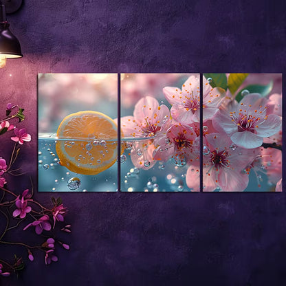 3pcs lemon in water with Pink Florals Wall Art Set Canvas Framed 50x70cm - High Quality Print 100% Australian Made Wall Canvas Ready to Hang
