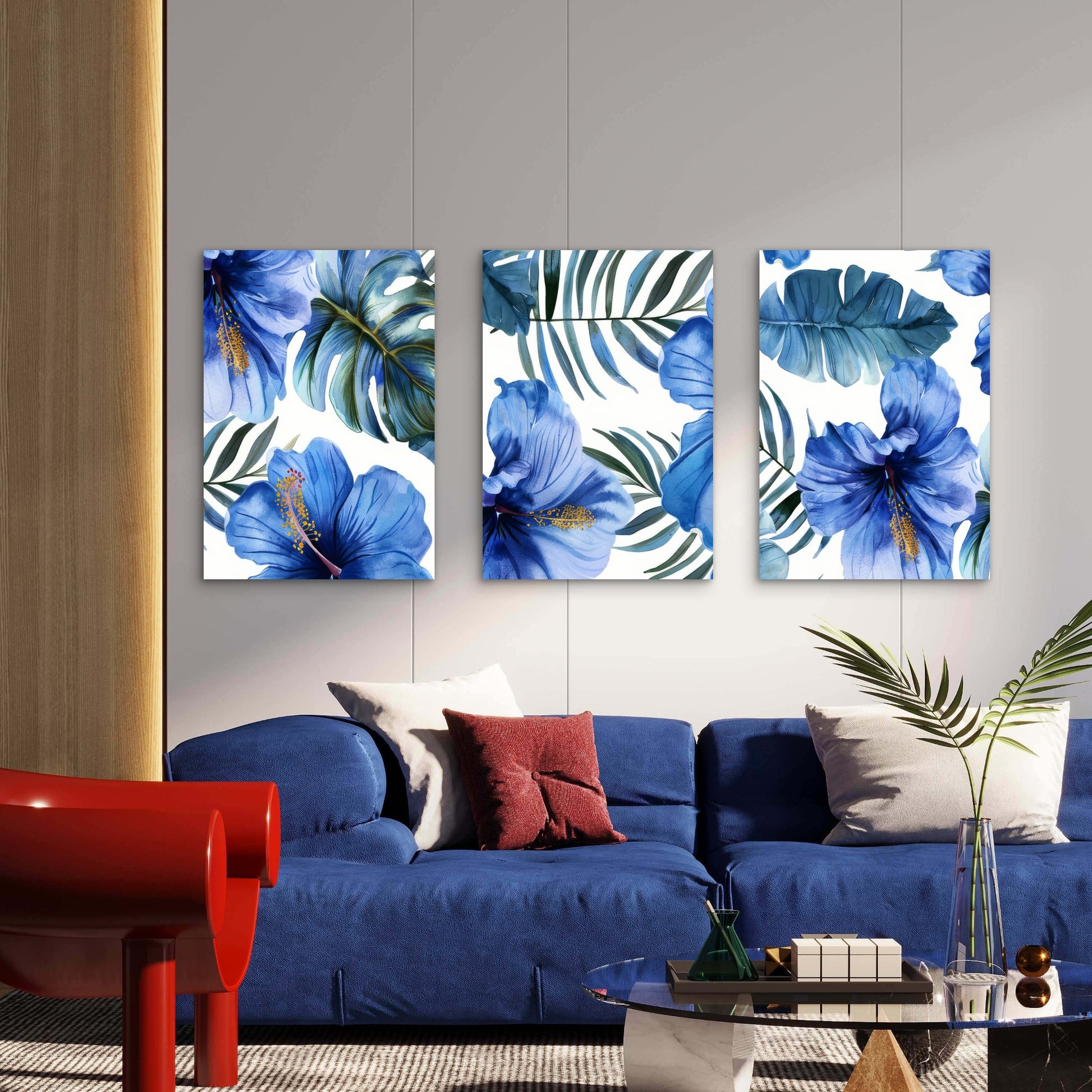 3pcs Blue Hibiscus Tropical Palm Leaf Decor Wall Art Set Canvas Framed 60x90cm - High Quality Print 100% Australian Made Wall Canvas Ready to Hang
