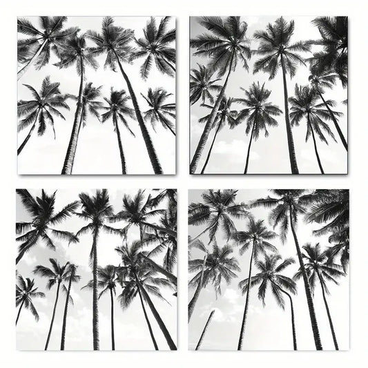 4pcs Beach Black And White Art Palm Trees Coconu Wall Art Canvas Framed