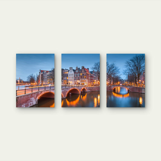 3pcs Amsterdam Canal Bridges at Night  Wall Art Set Canvas Framed 40x60cm - High Quality Print 100% Australian Made Wall Canvas Ready to Hang