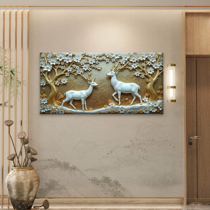 White Deer Gold Blossom Wall Art Canvas Office Home Room Framed 120x60cm