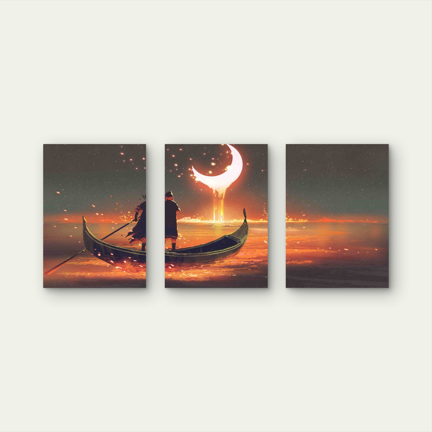3pcs Surreal Melting Crescent Moon Boat Wanderer Metal Print Ready to Hang Art