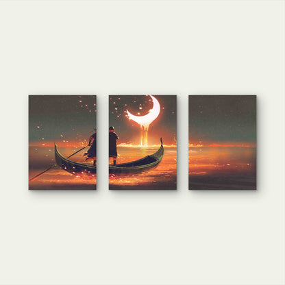 3pcs Surreal Melting Crescent Moon Boat Wanderer Metal Print Ready to Hang Art