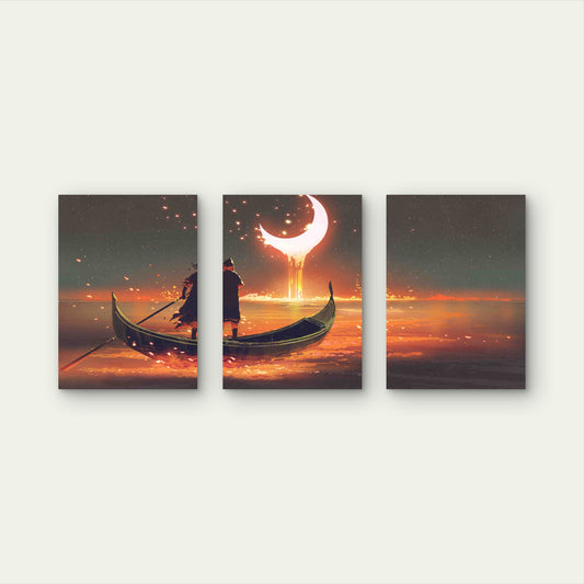 3pcs Surreal Melting Crescent Moon Boat Wanderer Metal Print Ready to Hang Art