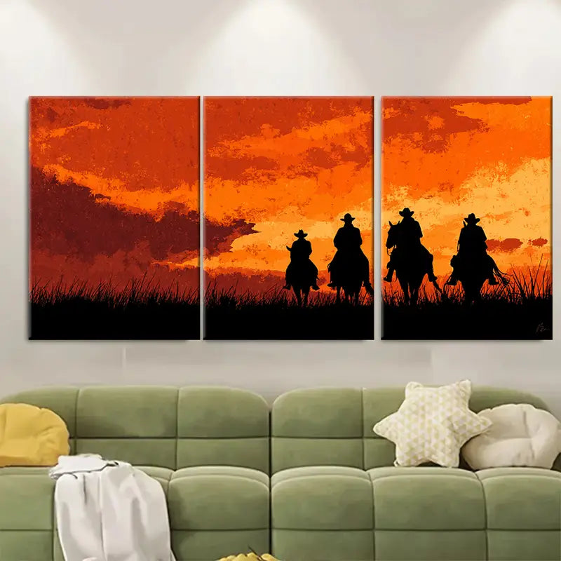 3pcs Cowboy Sunset Western Landscape Wall Art Set Canvas Framed 50x70cm - High Quality Print 100% Australian Made Wall Canvas Ready to Hang - Bella Home Decor