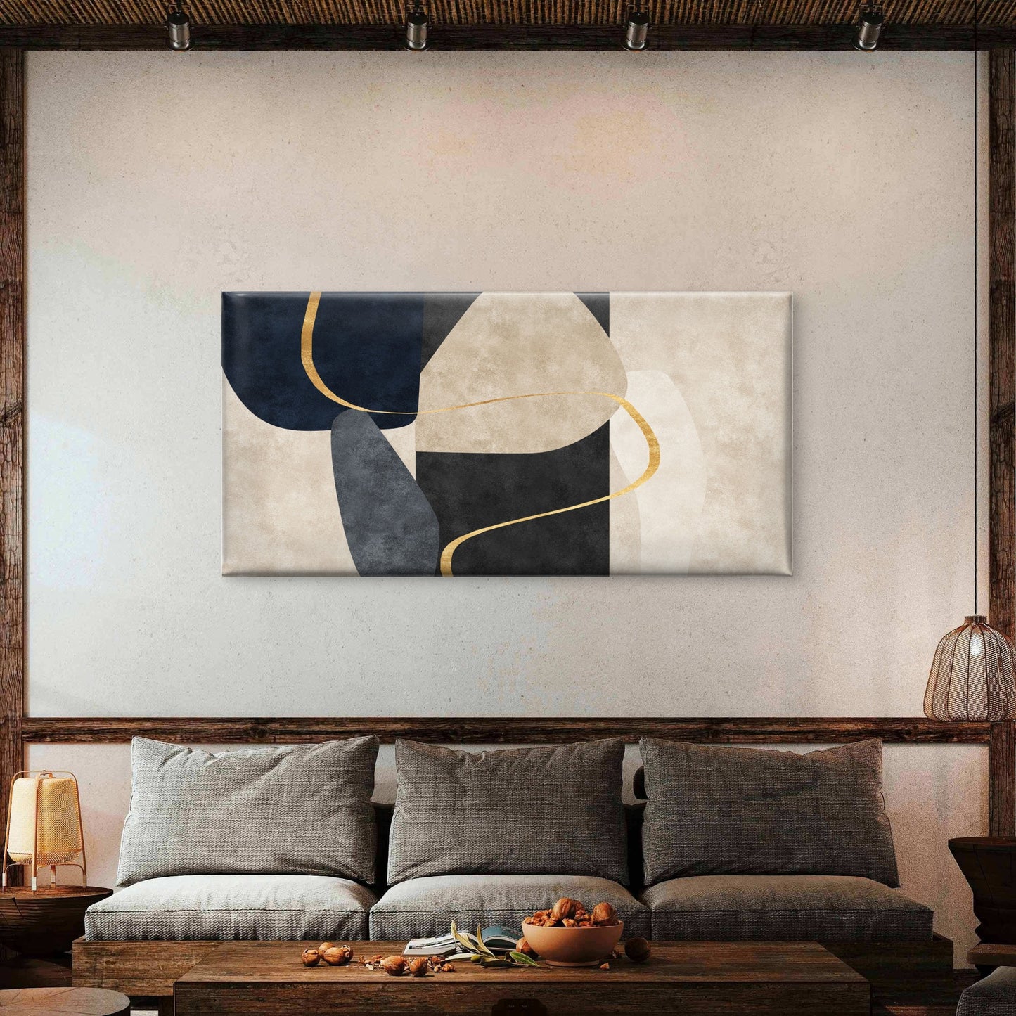 Navy Blue Charcoal Cream Beige Wall Art Canvas Office Home Framed 120x60cm