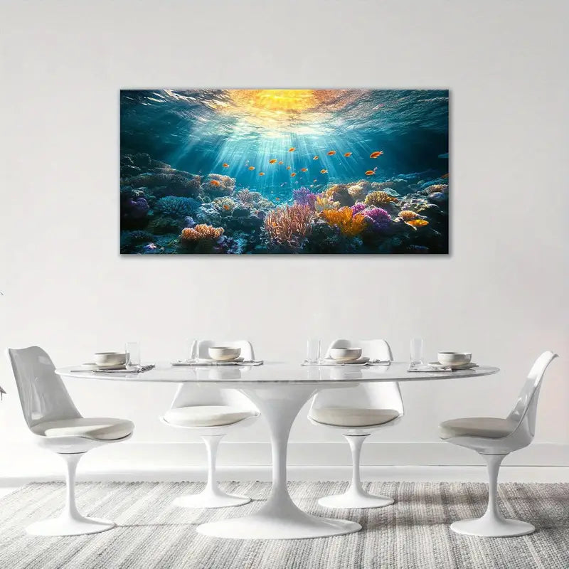 Large Ocean Vibrant Coral Reef Fish & Sunlight Seascape Wall Art canvas office home room framed 120x60cm - Bella Home Decor