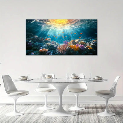 Large Ocean Vibrant Coral Reef Fish & Sunlight Seascape Wall Art canvas office home room framed 120x60cm - Bella Home Decor