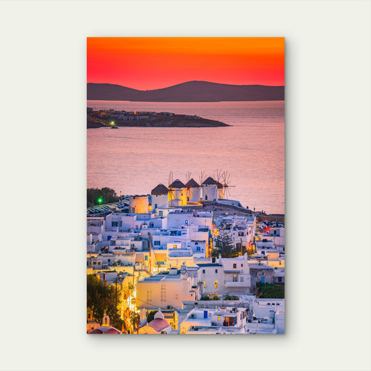 Mykonos Windmills Greece Sunset Town Sea View 40x60cm Metal Print Ready to Hang