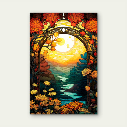 Stained glass art Autumn Forest River Sunset 40x60cm Metal Print Ready to Hang
