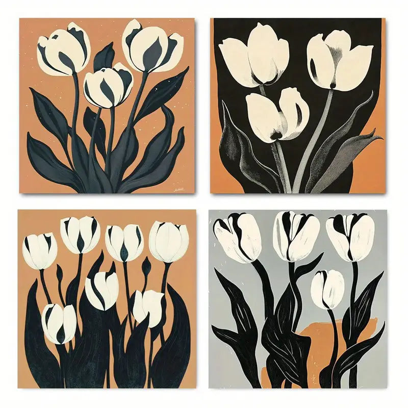 4pcs Abstract Orange Flower Vintage Wall Art Canvas Framed