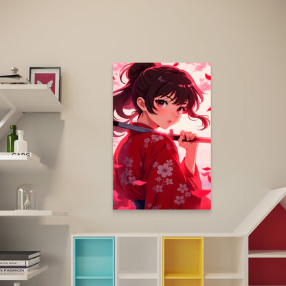 Samurai Girl With Red Kimono Katana 60x90cm Metal Print Ready to Hang