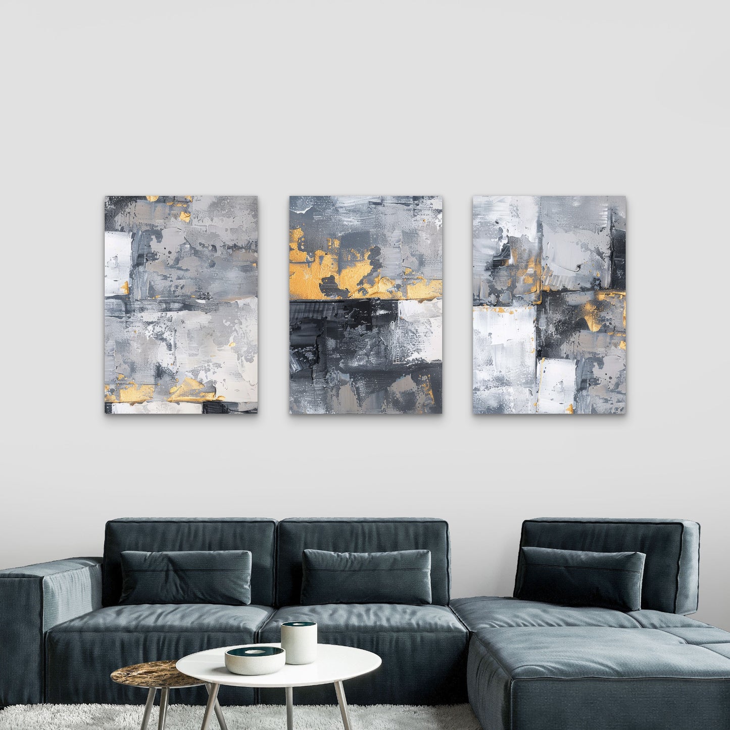 3pcs Grey Gold Textured Abstract  Wall Art Set Canvas Framed 60x90cm - High Quality Print 100% Australian Made Wall Canvas Ready to Hang
