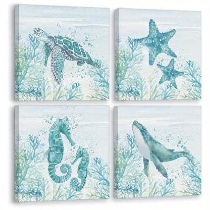 4pcs Marine Life Themed Turtle,Dolphin,Seahors Wall Art Canvas Framed