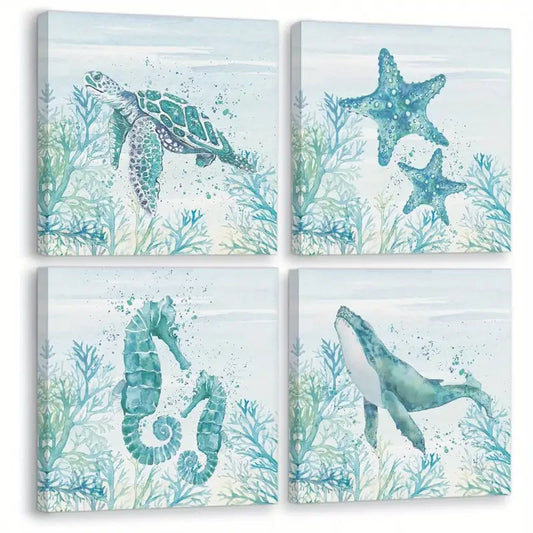 4pcs Marine Life Themed Turtle,Dolphin,Seahors Wall Art Canvas Framed