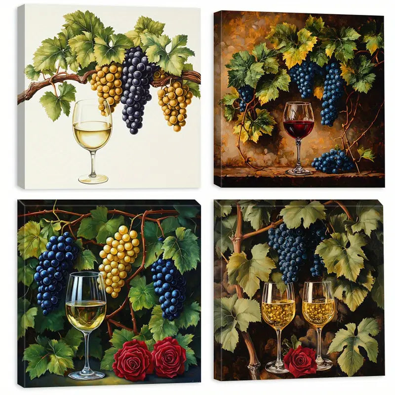 4pcs Modern Farmhouse Framed Grape & Wine Wall Art Canvas Framed