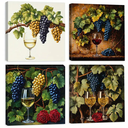 4pcs Modern Farmhouse Framed Grape & Wine Wall Art Canvas Framed