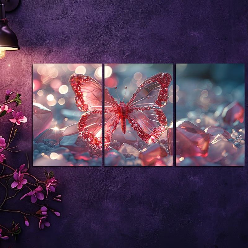 3pcs Luxurious Shining Crystal Butterfly Wall Art Set Canvas Framed 40x60cm - High Quality Print 100% Australian Made Wall Canvas Ready to Hang