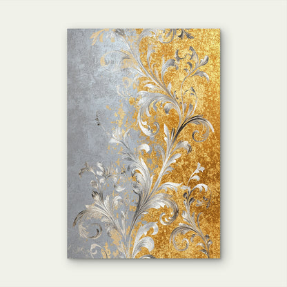Silver Vine Floral Damask Scroll Gold Pattern 40x60cm Metal Print Ready to Hang