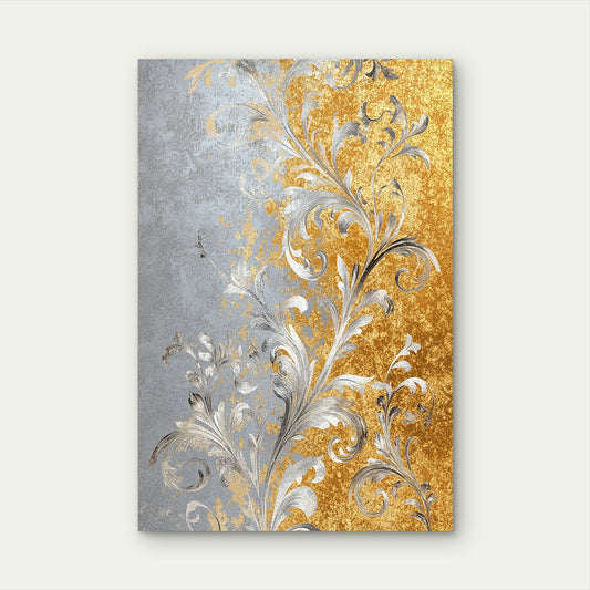 Silver Vine Floral Damask Scroll Gold Pattern 40x60cm Metal Print Ready to Hang