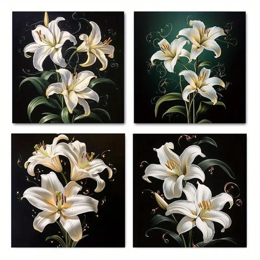4pcs  Elegant White Lilies & Golden SwirlsWall Art Canvas Framed