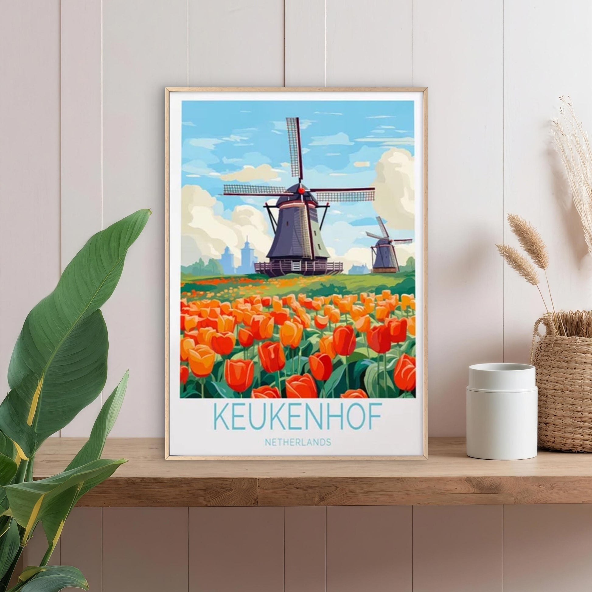 Keukenhof Netherlands, Tulip & Windmill Travel Poster Print Wall Art - Bella Home Decor