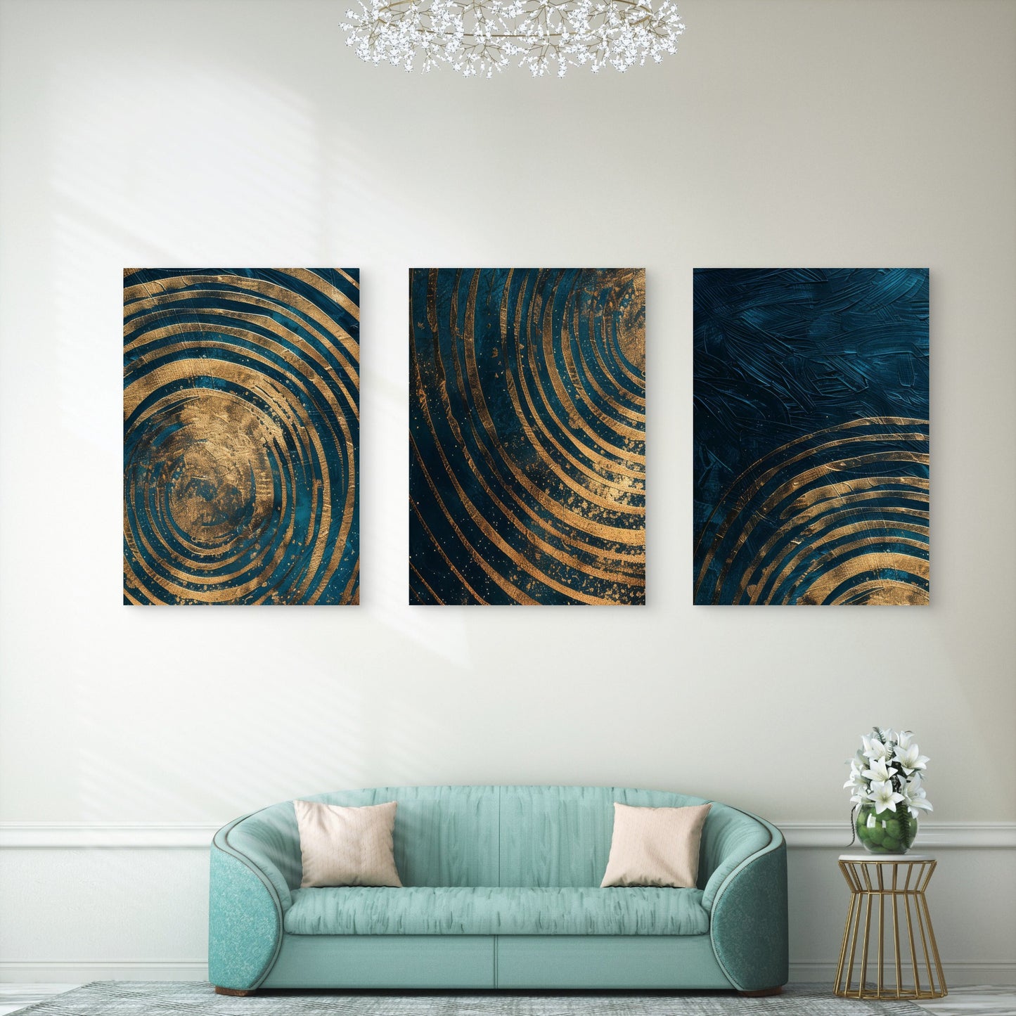 3pcs Teal Gold Abstract Spiral Rings Metal Print Ready to Hang Art