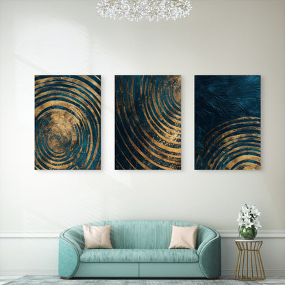 3pcs Teal Gold Abstract Spiral Rings Metal Print Ready to Hang Art