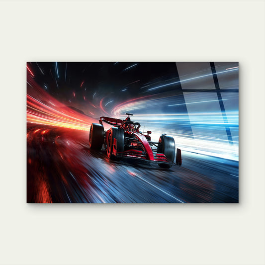 Dynamic Red Formula One Racing Car Speed Acrylic Glass Printing Wall Art Australian Made Quality
