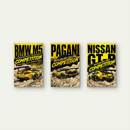 3pcs BMW M5 Pagani Nissan GTR Yellow Supercar Wall Art Set Canvas Framed 50x70cm - High Quality Print 100% Australian Made Wall Canvas Ready to Hang