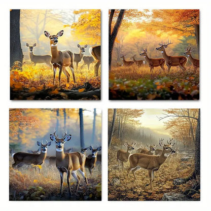 4pcs Rustic Deer Wildlife Animal Art Forest Wall Art Canvas Framed