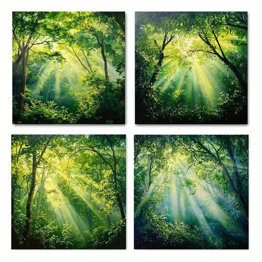 4pcs Green Forest Trees in Sunlight GT   Wall Art Canvas Framed