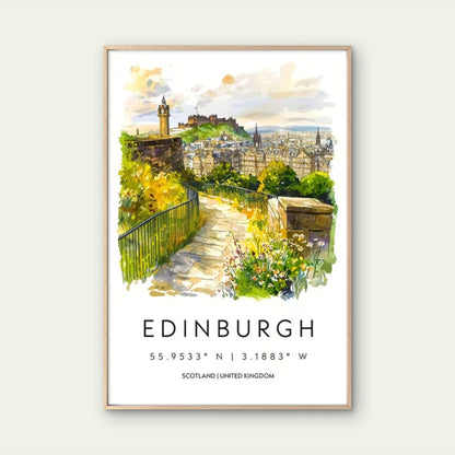 Edinburgh Scotland UK Vibrant Watercolor Travel Poster Print Wall Art