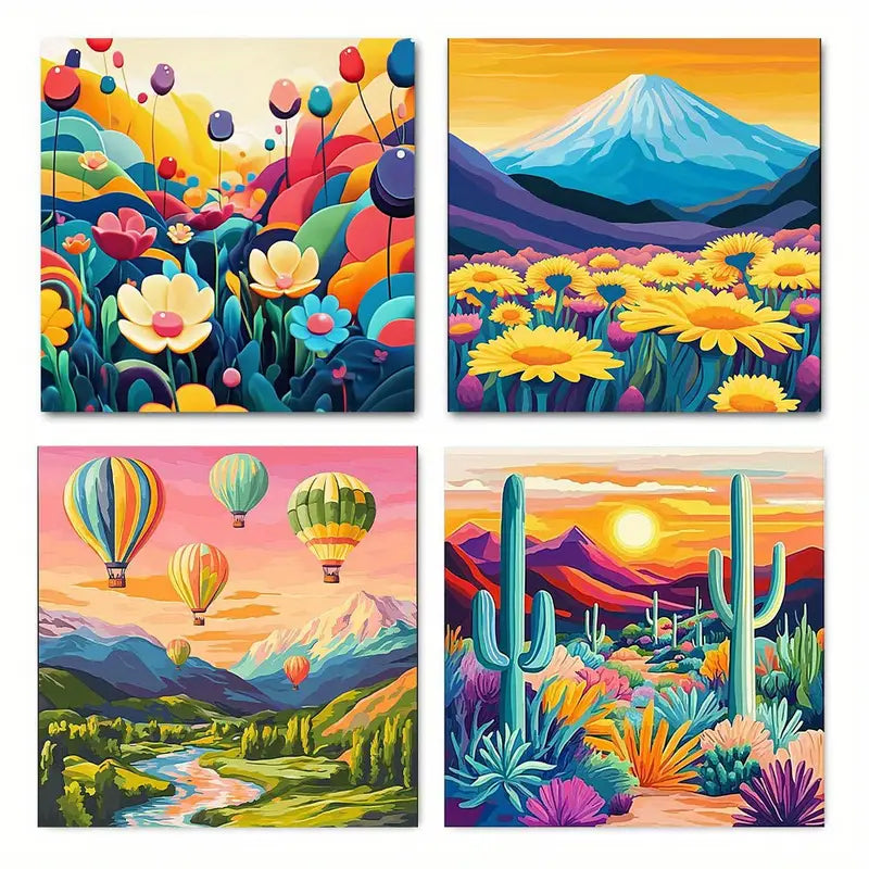 4pcs Hot Air Balloons, Cacti  Wall Art Canvas Framed