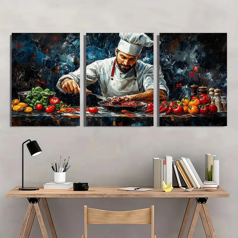 3pcs Vibrant Chef Cooking Scene Metal Print Ready to Hang Art