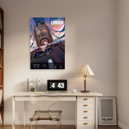 London Tower Bridge Electric Race Car 60x90cm Metal Print Ready to Hang