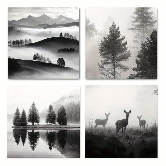 4pcs Foggy Forest, Mountain, Deer & Lake Scenes  Wall Art Canvas Framed