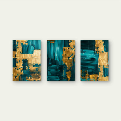 3pcs Abstract Teal Deep Turquoise Gold     Wall Art Set Canvas Framed 40x60cm - High Quality Print 100% Australian Made Wall Canvas Ready to Hang