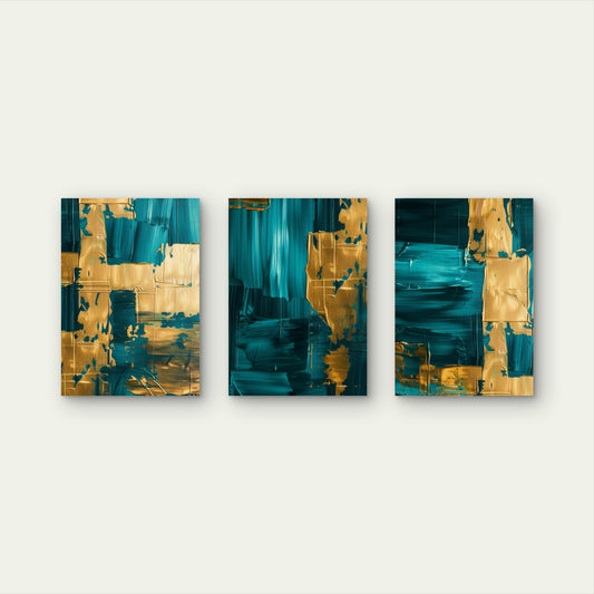 3pcs Abstract Teal Deep Turquoise Gold Metal Print Ready to Hang Art