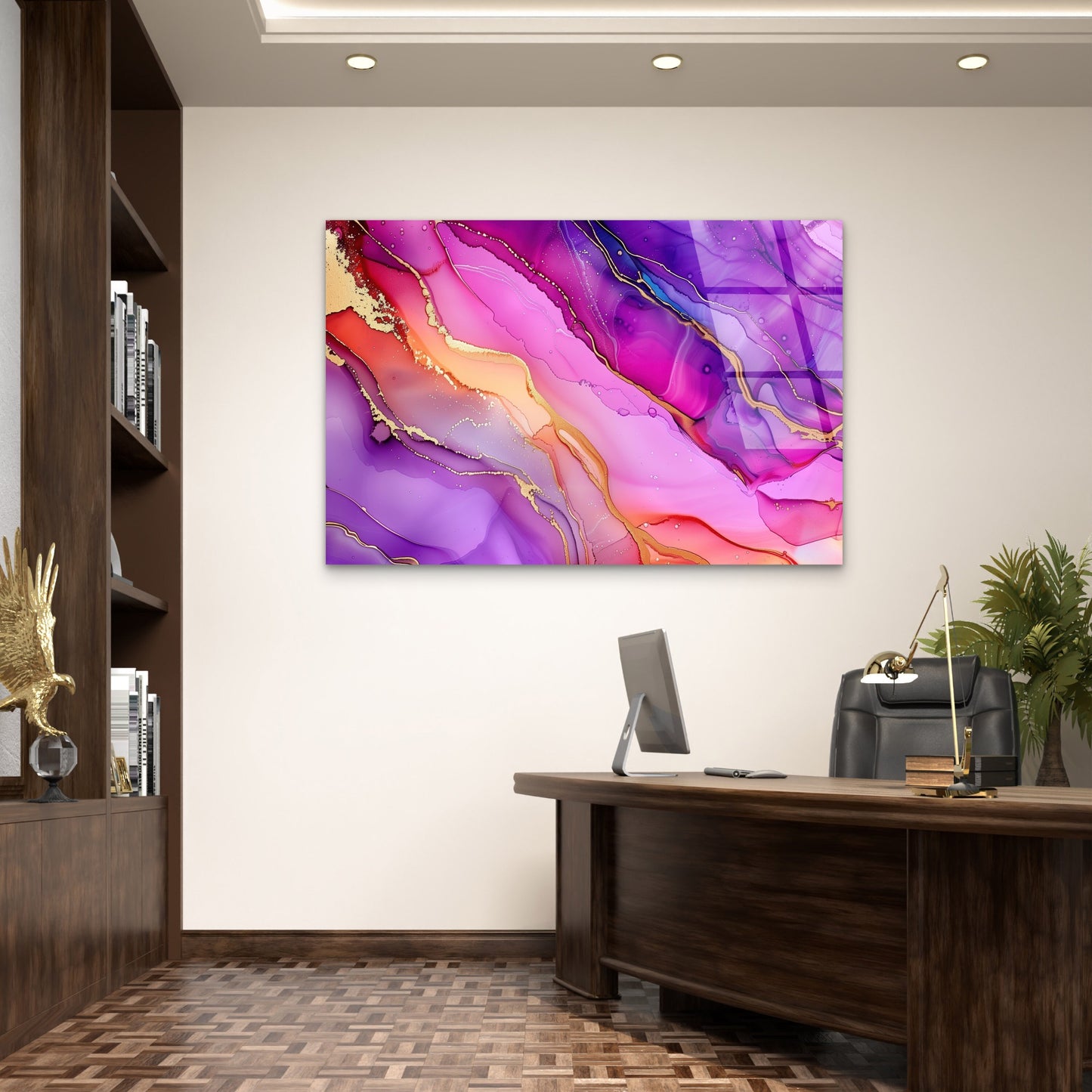 Pink Purple Gold Fluid Ink Abstract Acrylic Glass Printing Wall Art Australian Made Quality